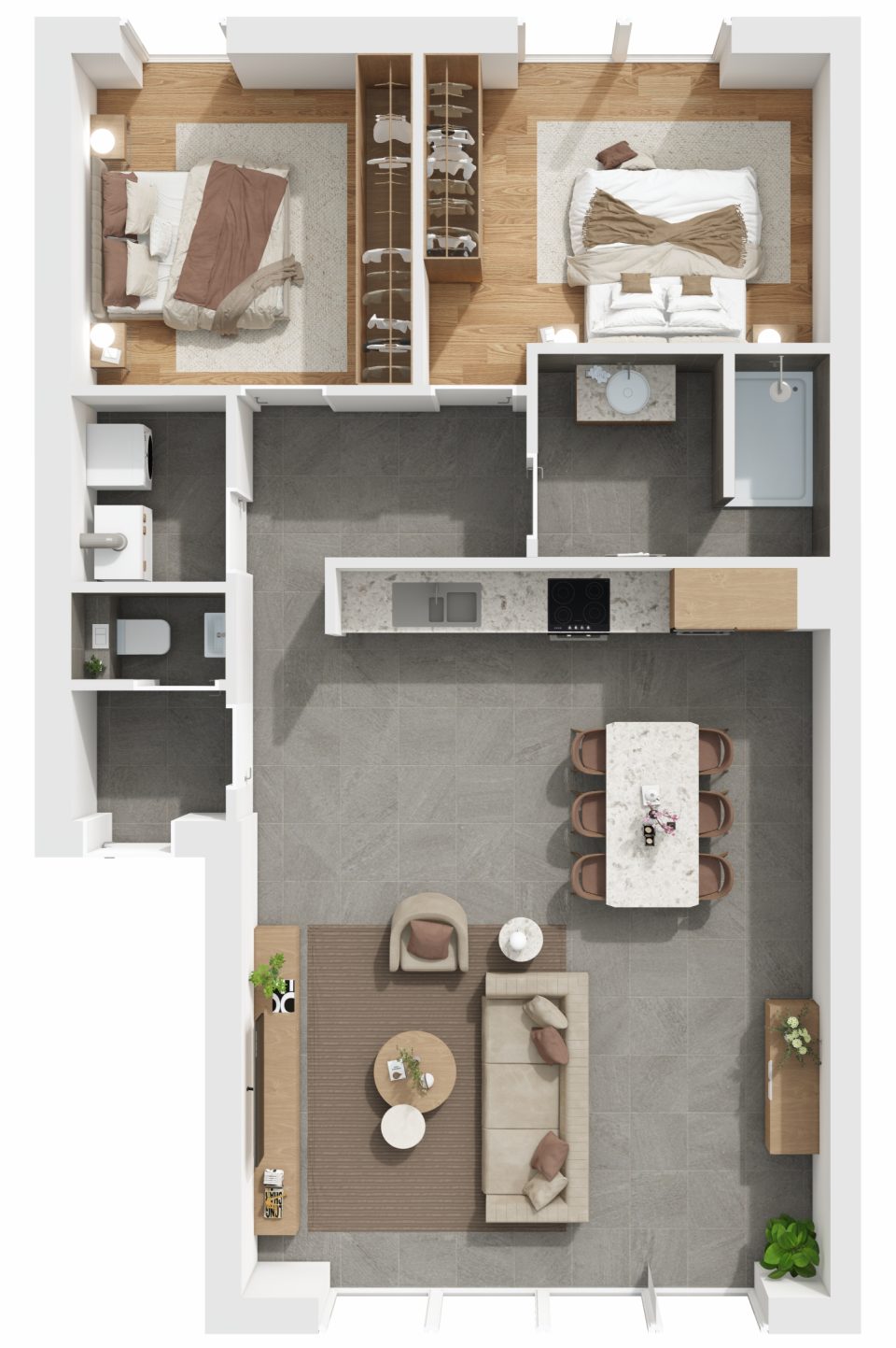 Plan 3D de l’appartement 10, 2 chambres, 2e étage, Vennes 65 à Liège