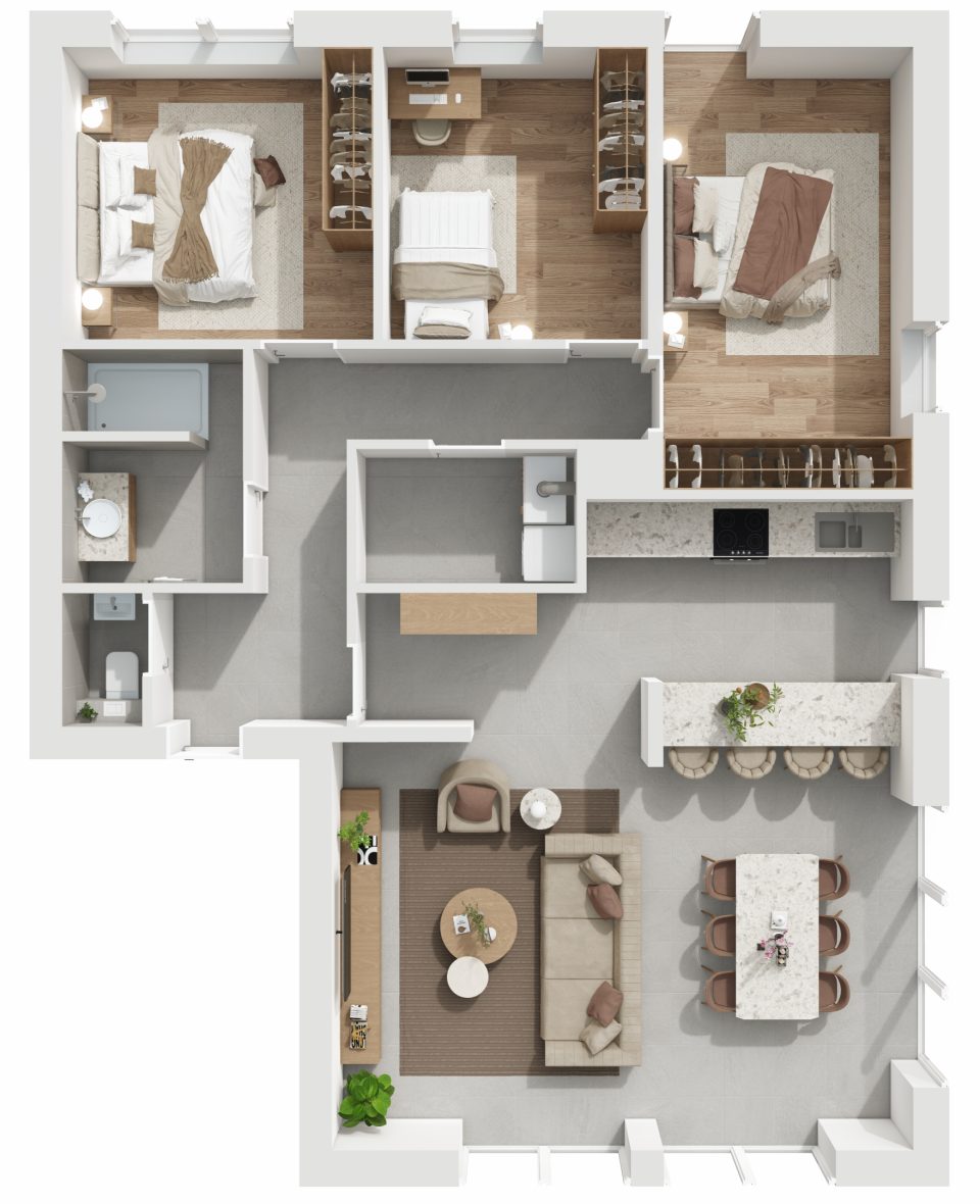 Plan 3D de l’appartement 12, 3 chambres, 2e étage, Vennes 65 à Liège