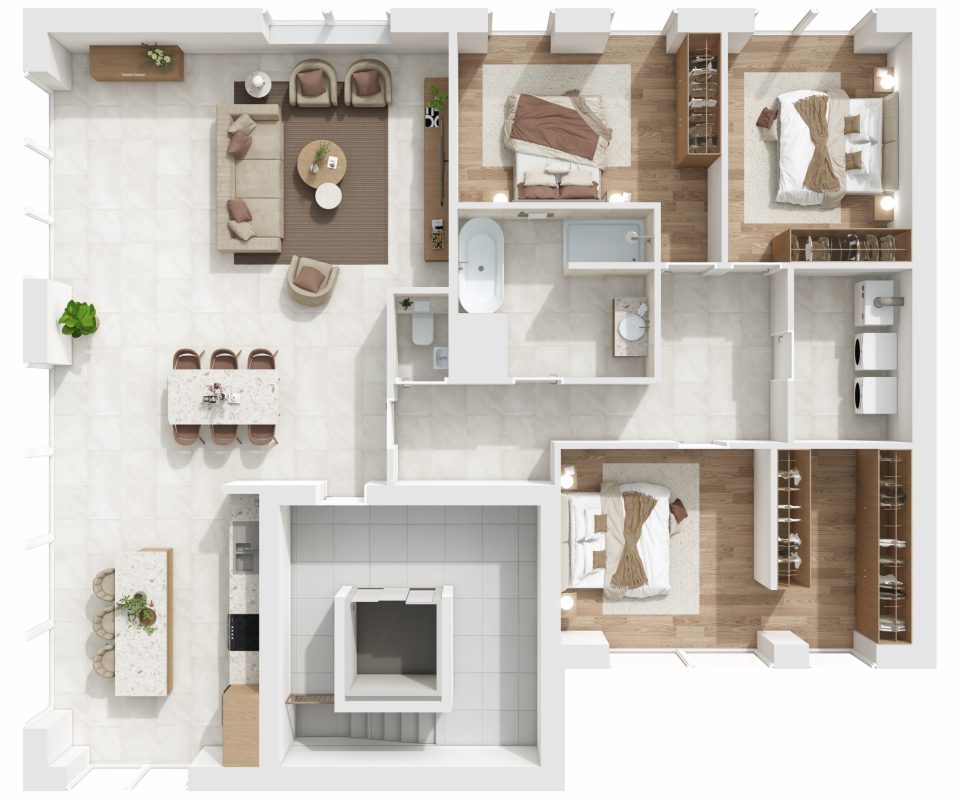 Plan 3D de l’appartement 13, 3 chambres, 3e étage, Vennes 65 à Liège