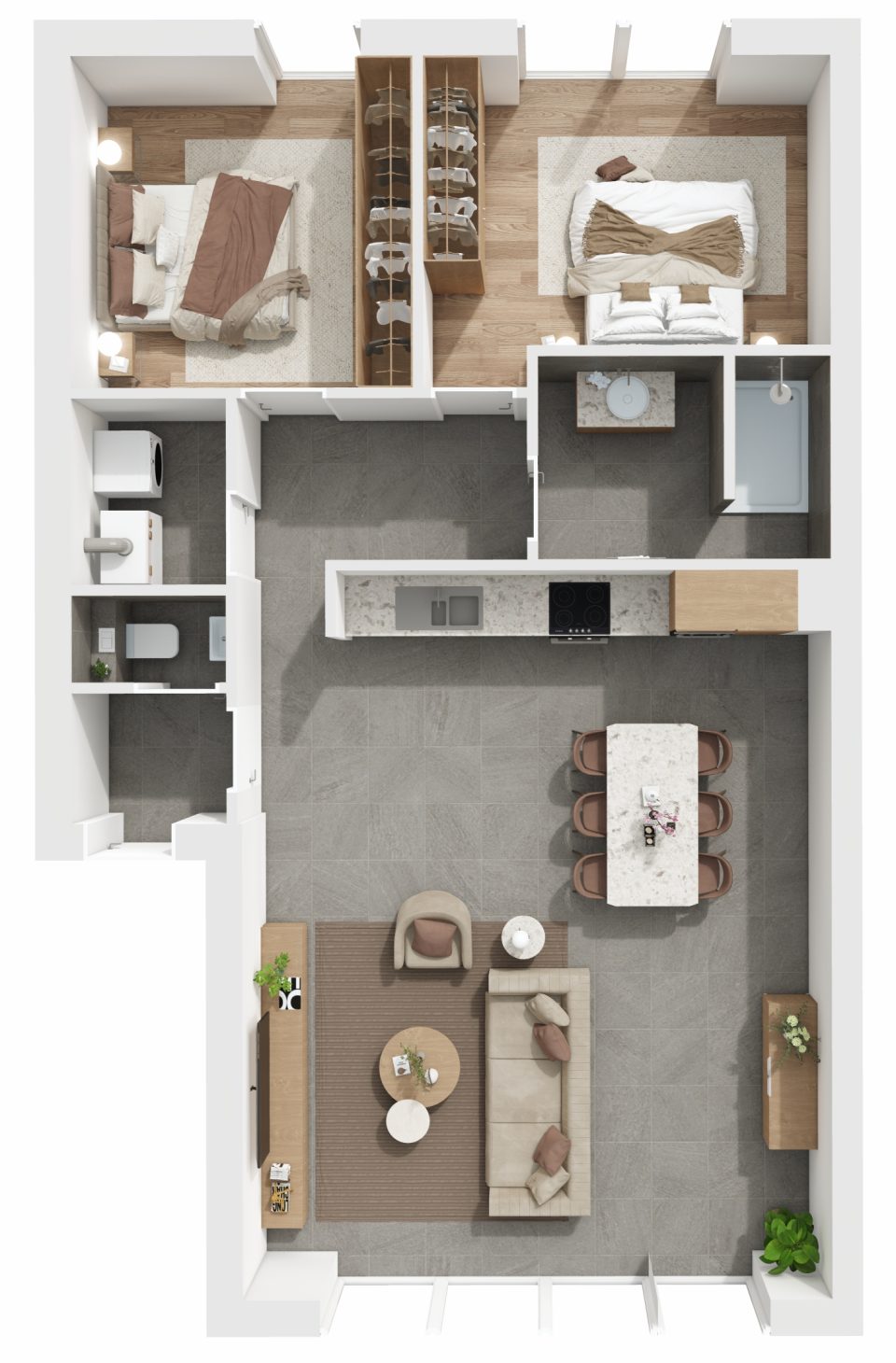 Plan 3D de l’appartement 2, 2 chambres, rez-de-chaussée, Vennes 65 à Liège