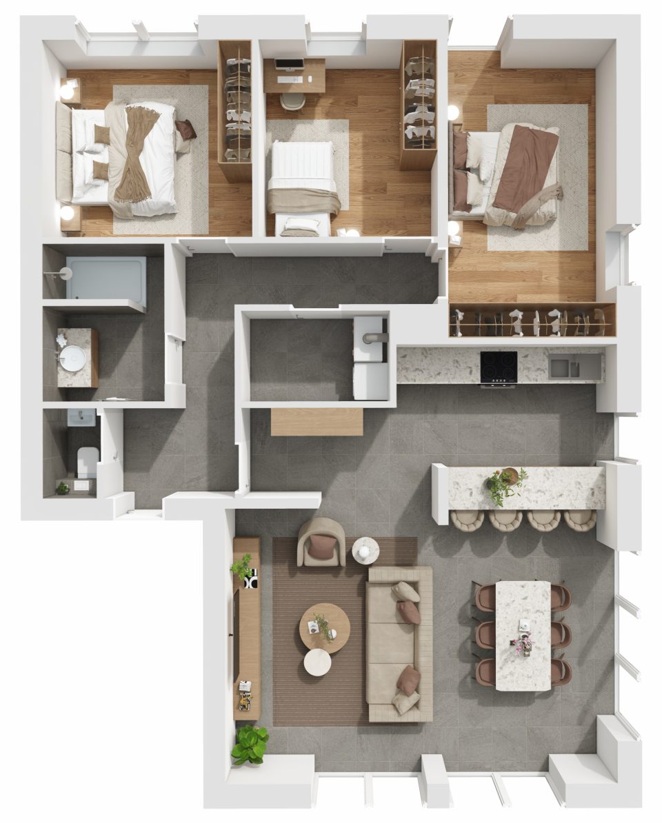 Plan 3D de l’appartement 4, 3 chambres, rez-de-chaussée, Vennes 65 à Liège
