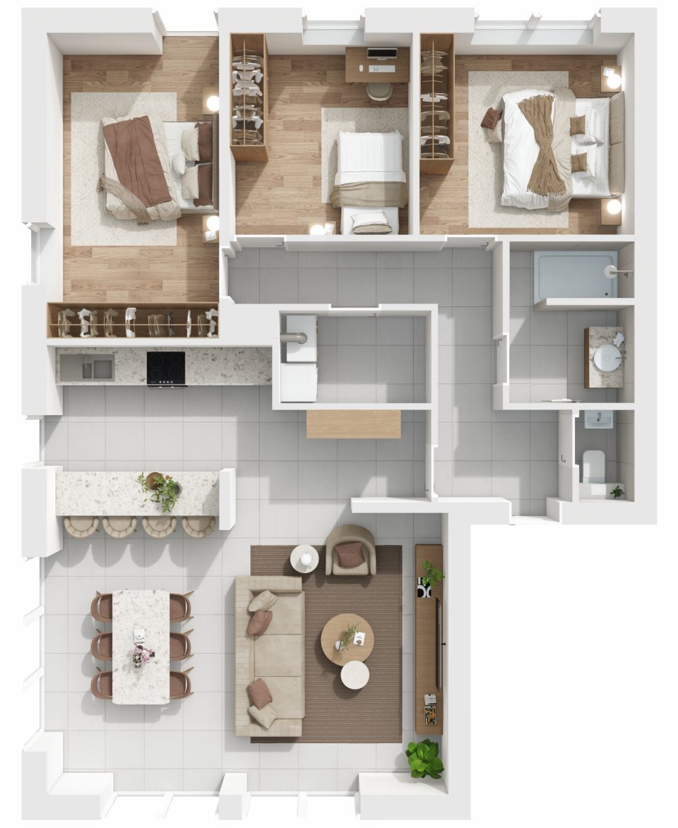 Plan 3D de l’appartement 5, 3 chambres, 1er étage, Vennes 65 à Liège
