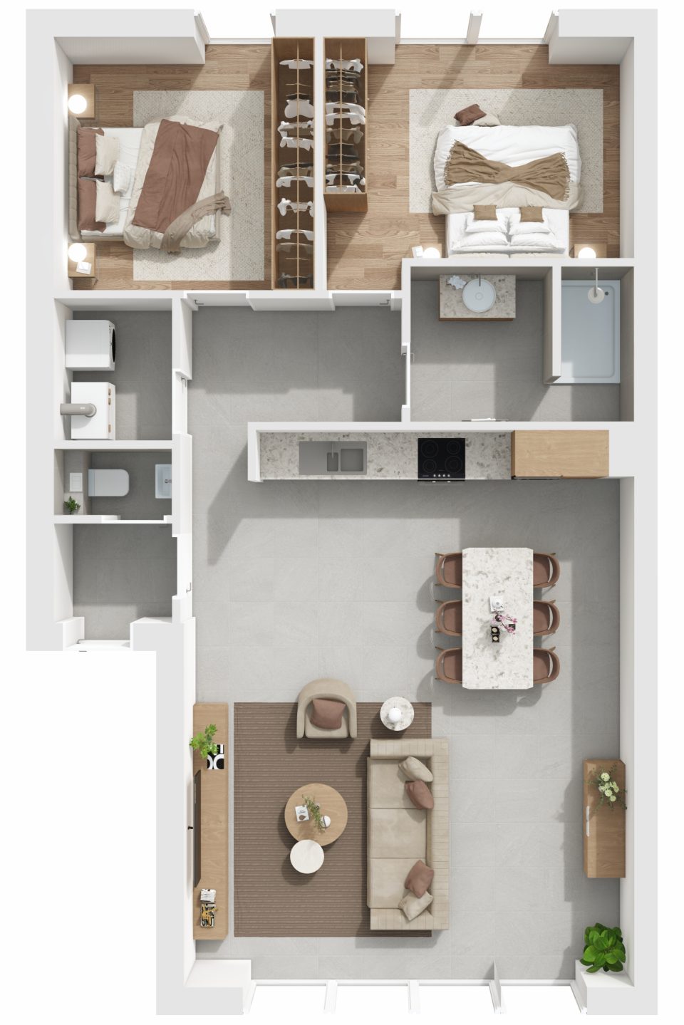 Plan 3D de l’appartement 6, 2 chambres, 1er étage, Vennes 65 à Liège