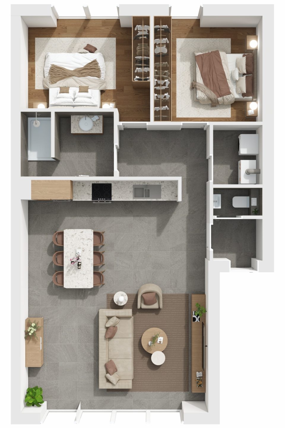 Plan 3D de l’appartement 7, 2 chambres, 1er étage, Vennes 65 à Liège