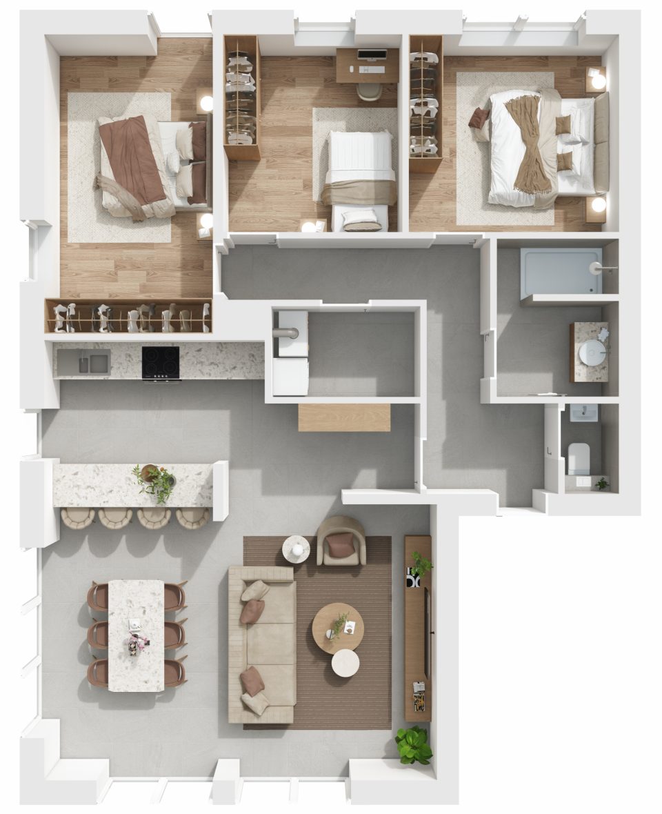 Plan 3D de l’appartement 9, 3 chambres, 2e étage, Vennes 65 à Liège