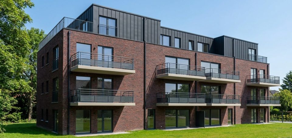 Rendu 3D de l’immeuble Vennes 65 à Liège : façades en brique, balcons et dernier étage en retrait